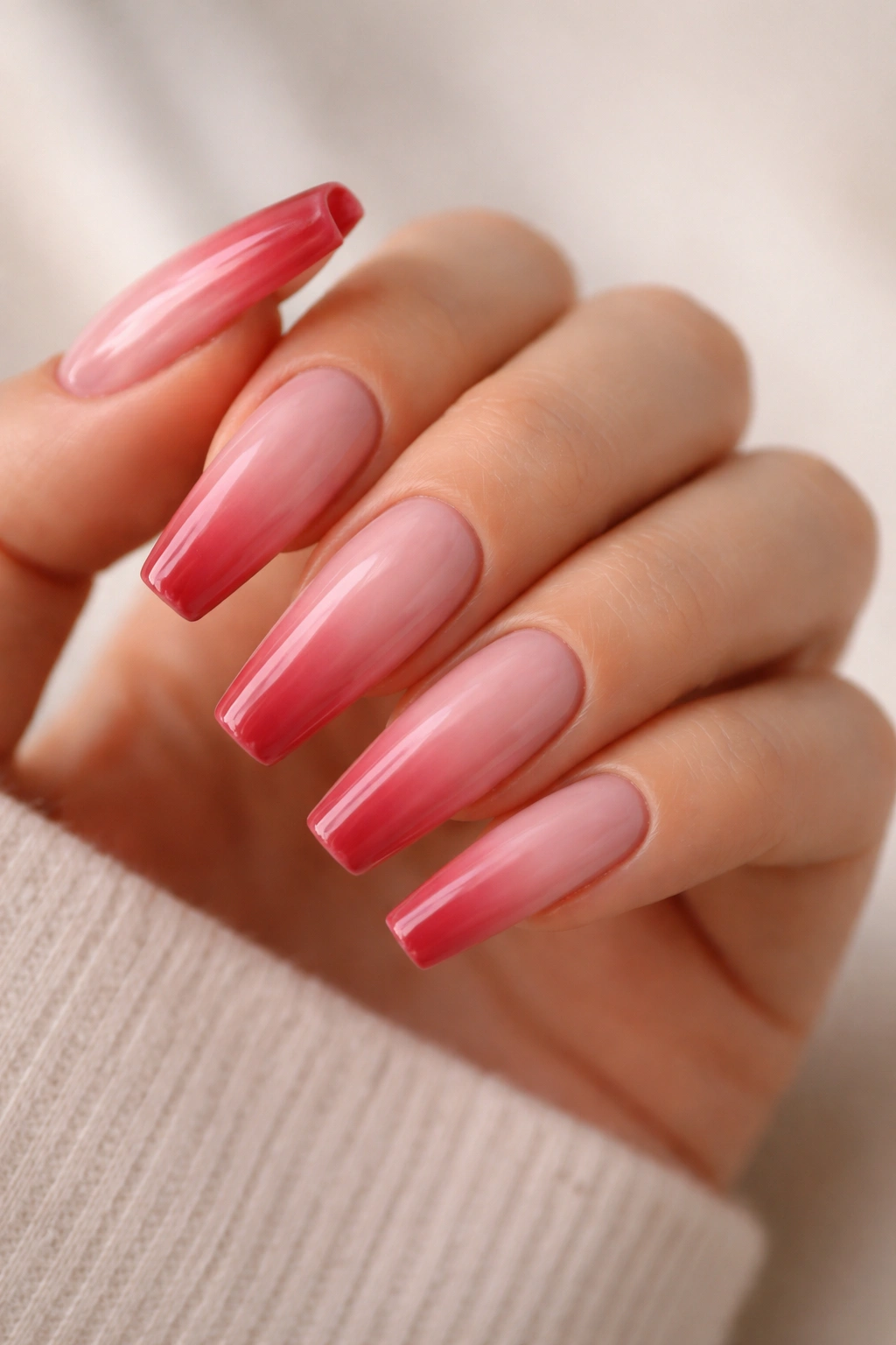 Soft red ombré fade on long ballerina nails against nude base