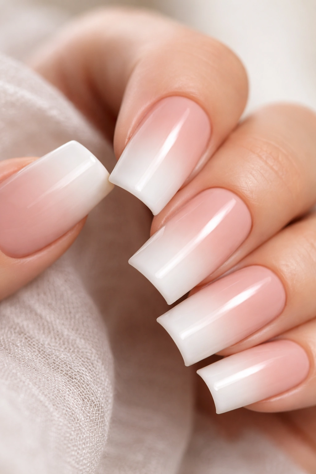Wide duck nails with nude-to-cream ombre French tips