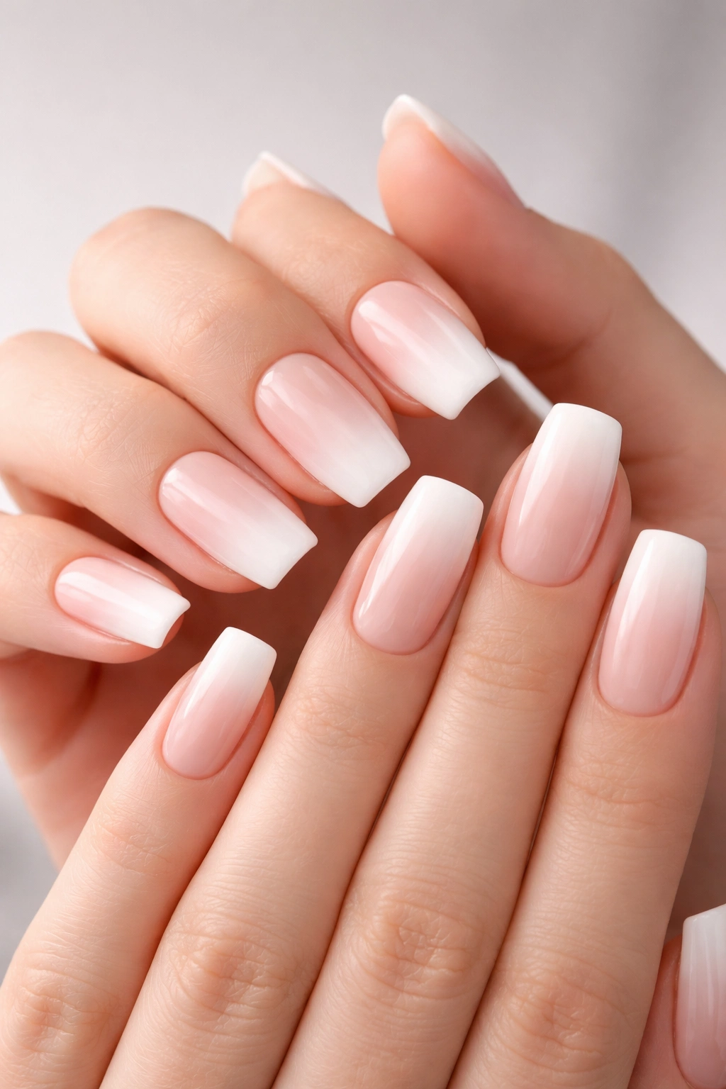 Close-up of ombré French tips on soft square nails with pale base and white tips