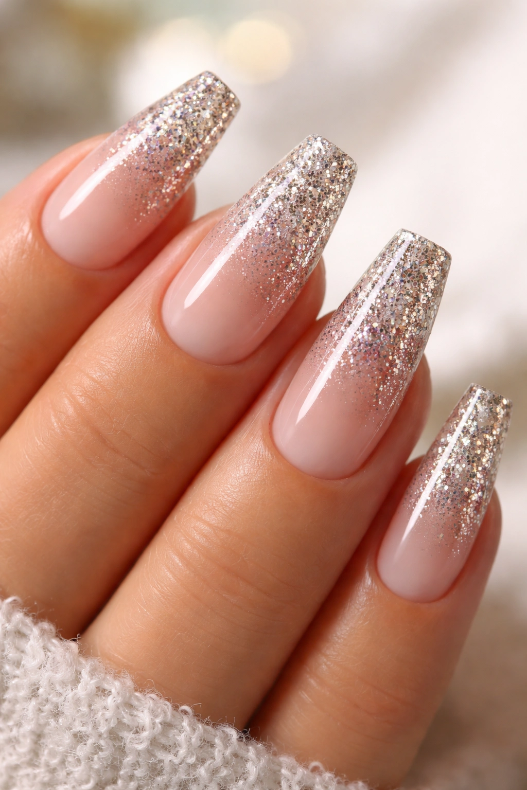 Close-up of ombré glitter fade on coffin nails