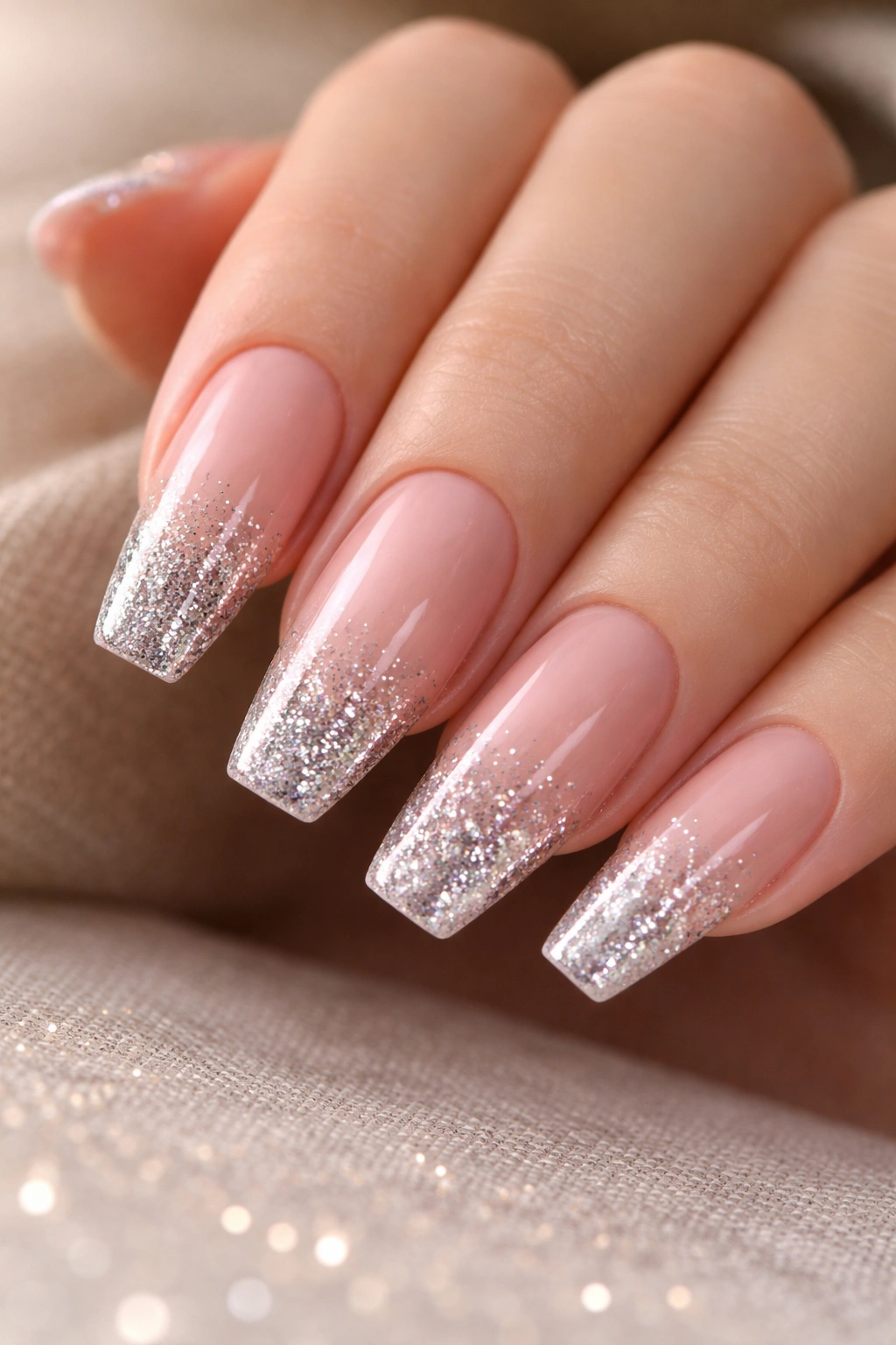 Close-up coffin nails with deep-to-light ombré gradient and glitter tips