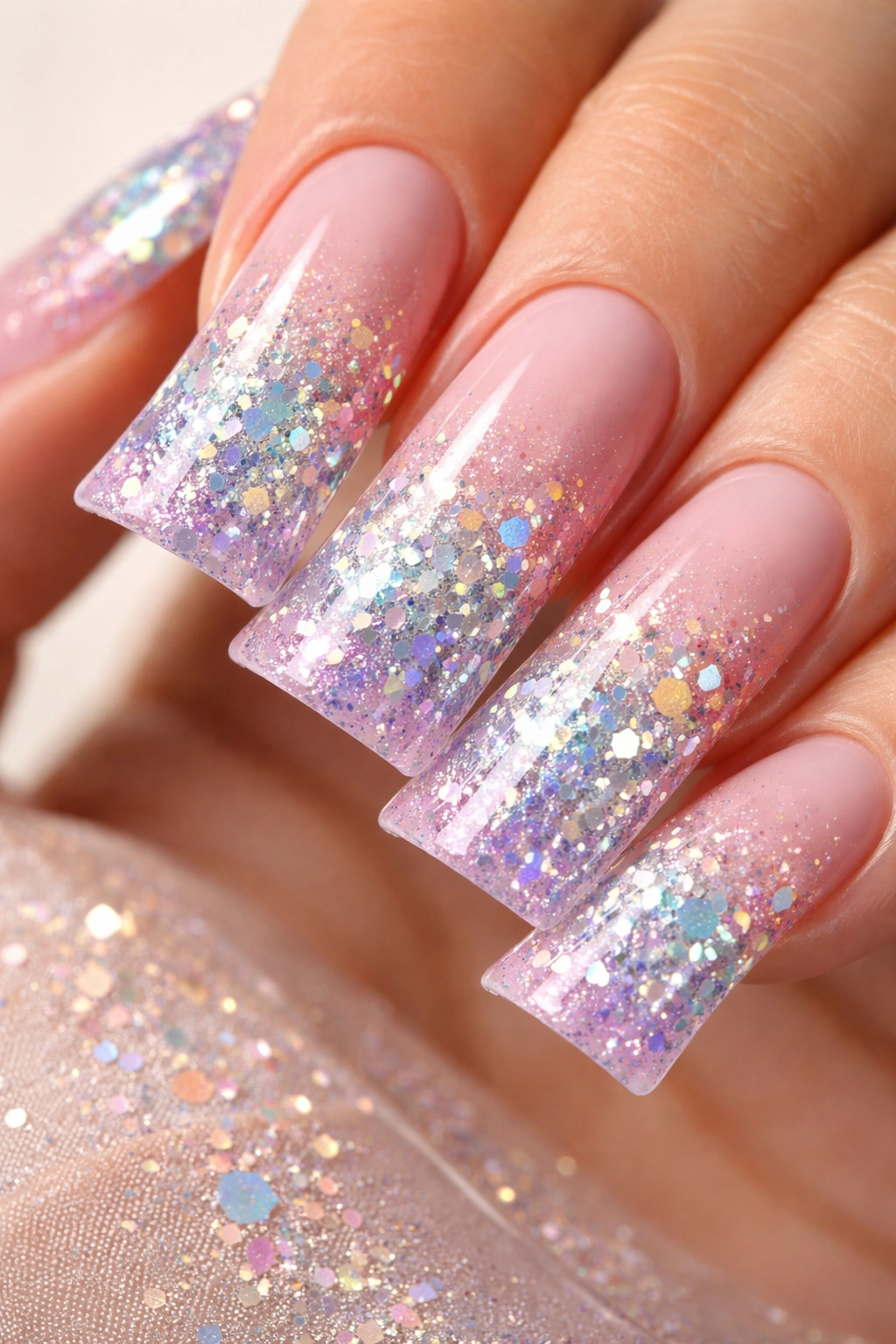 Ombré gradient nails with encapsulated glitter showing depth
