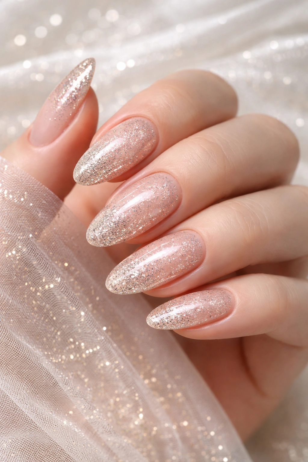 Nails with glitter ombre gradient from nude base to glitter tips