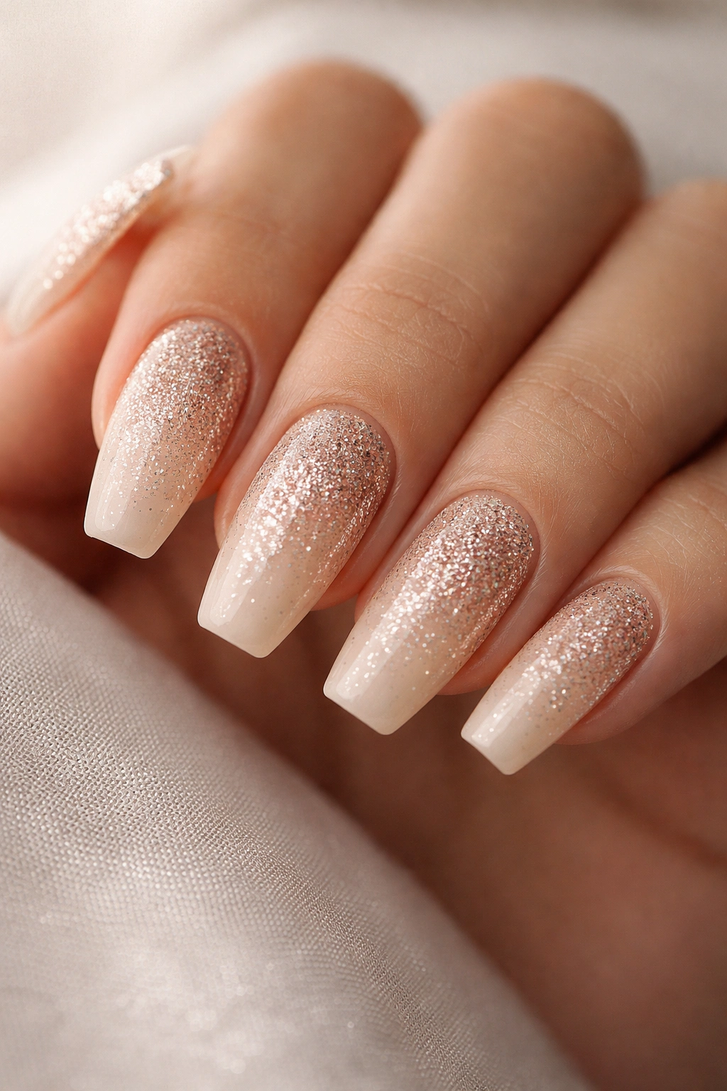 Close-up of coffin nails with champagne base and glitter gradient