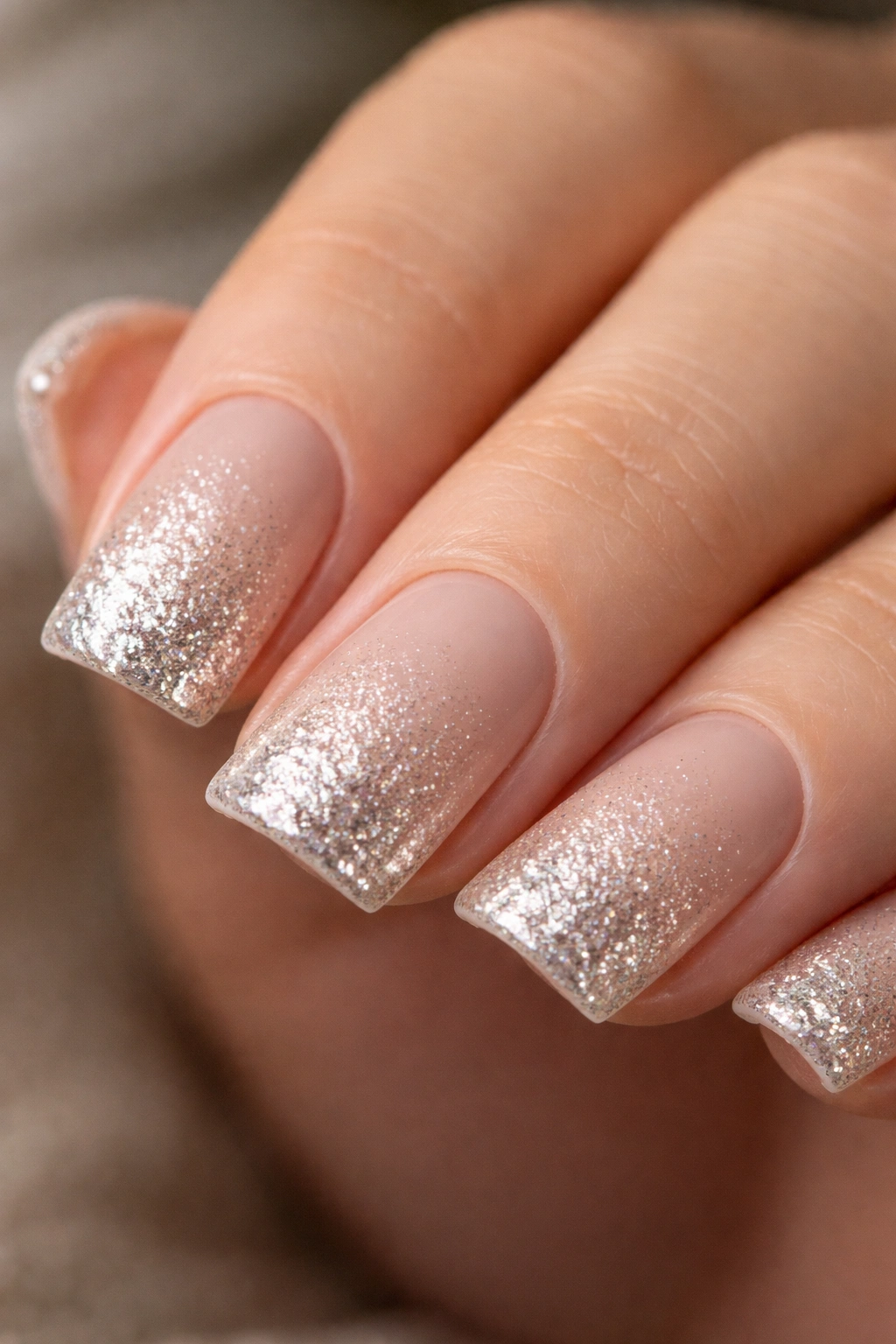 Close-up of a short duck nail with glitter ombre fading to nude base