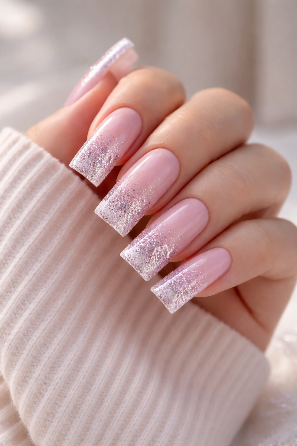 Close-up of nails with dense-to-sparse glitter gradient on tips