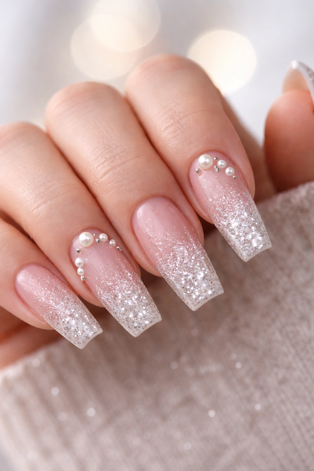 Close-up of medium coffin nails with ombré glitter and pearl accents