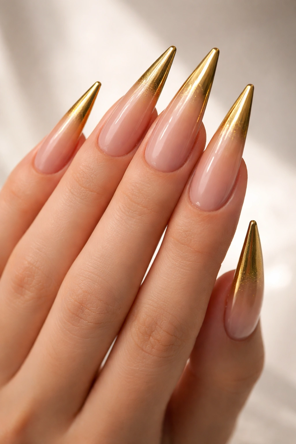 Coffin nails with nude ombre and gold-tipped points