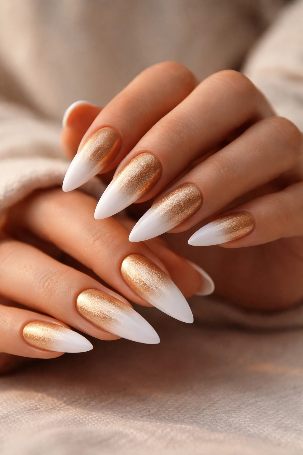 Stiletto nails with gold-to-white ombre from base to tip