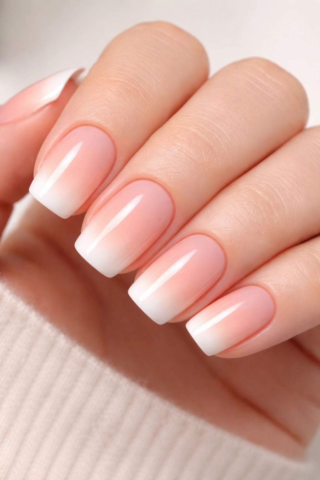 Close-up of short squoval nails with a nude-to-white ombre gradient.