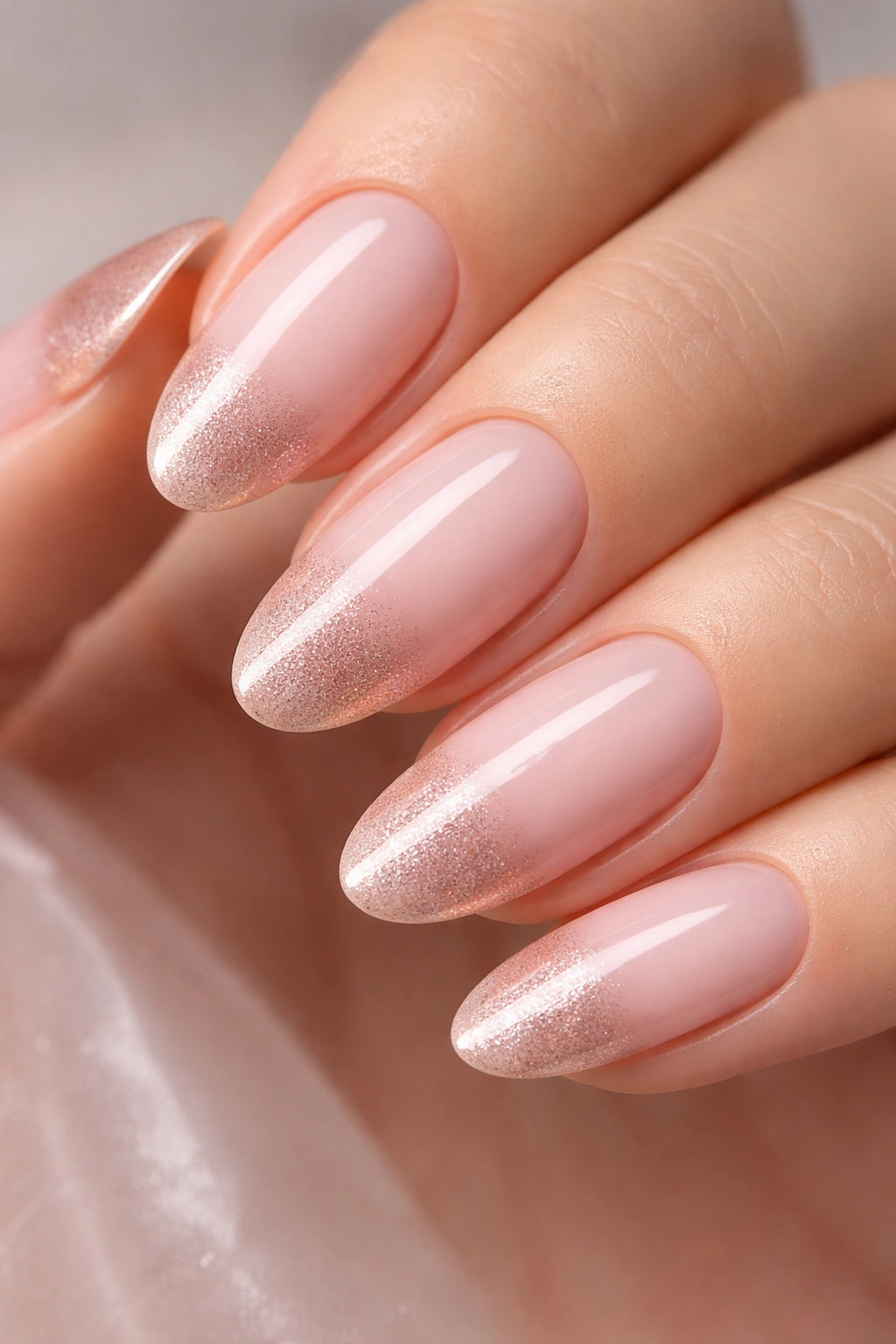 Oval nails with blush to rose gold ombré French tips on a neutral background.