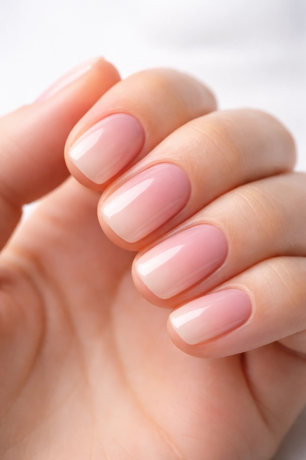 Close-up of short nails with subtle pink to rose gradient