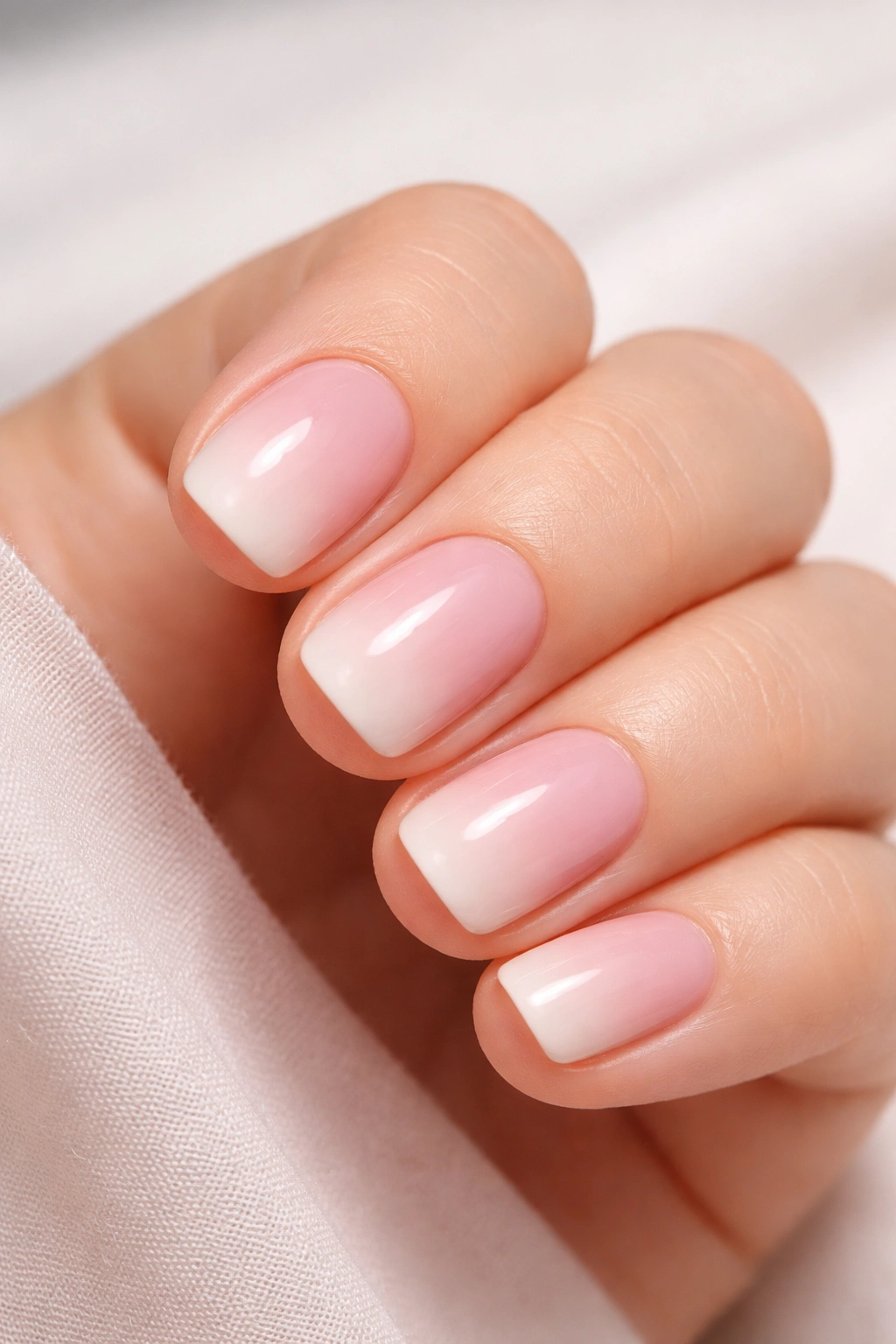 Close-up of short nails with a pink-to-white ombre gradient.
