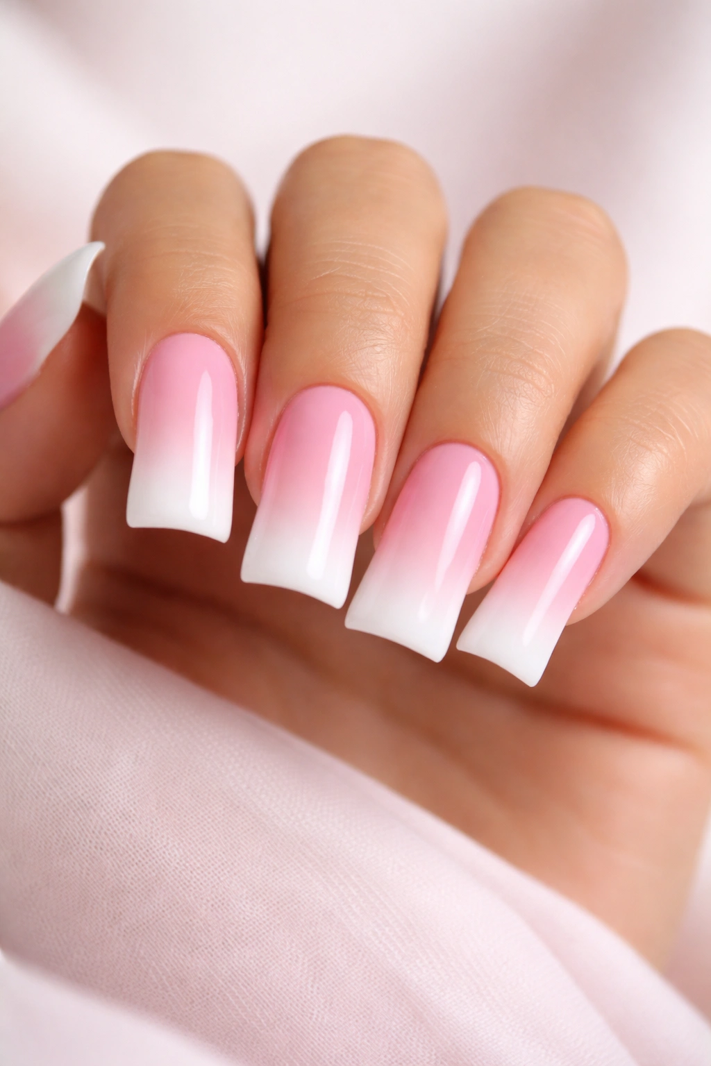 Close-up of duck nails with pink to white gradient tips in a neutral studio