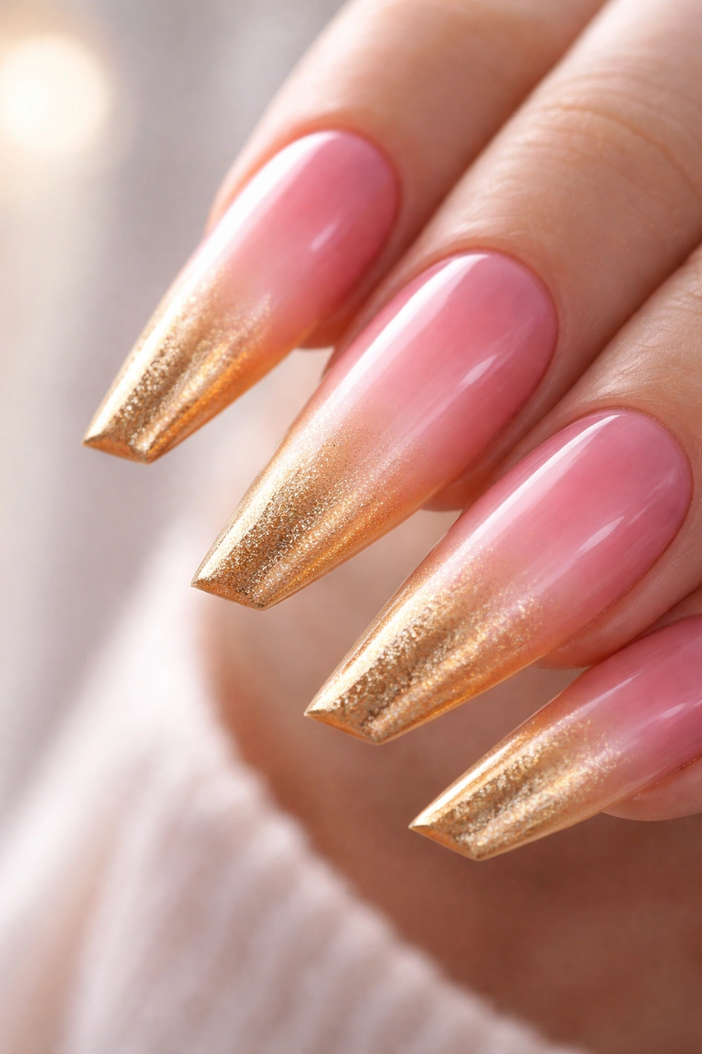 Reverse stiletto nails with soft rose to gold ombre gradient