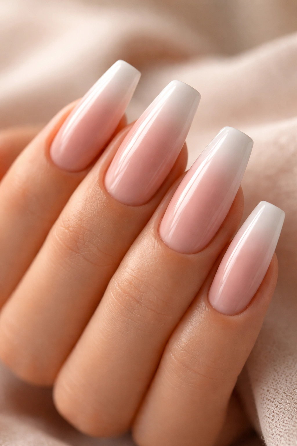 Close-up of ombré gradient French tips on medium coffin nails with nude to white transition