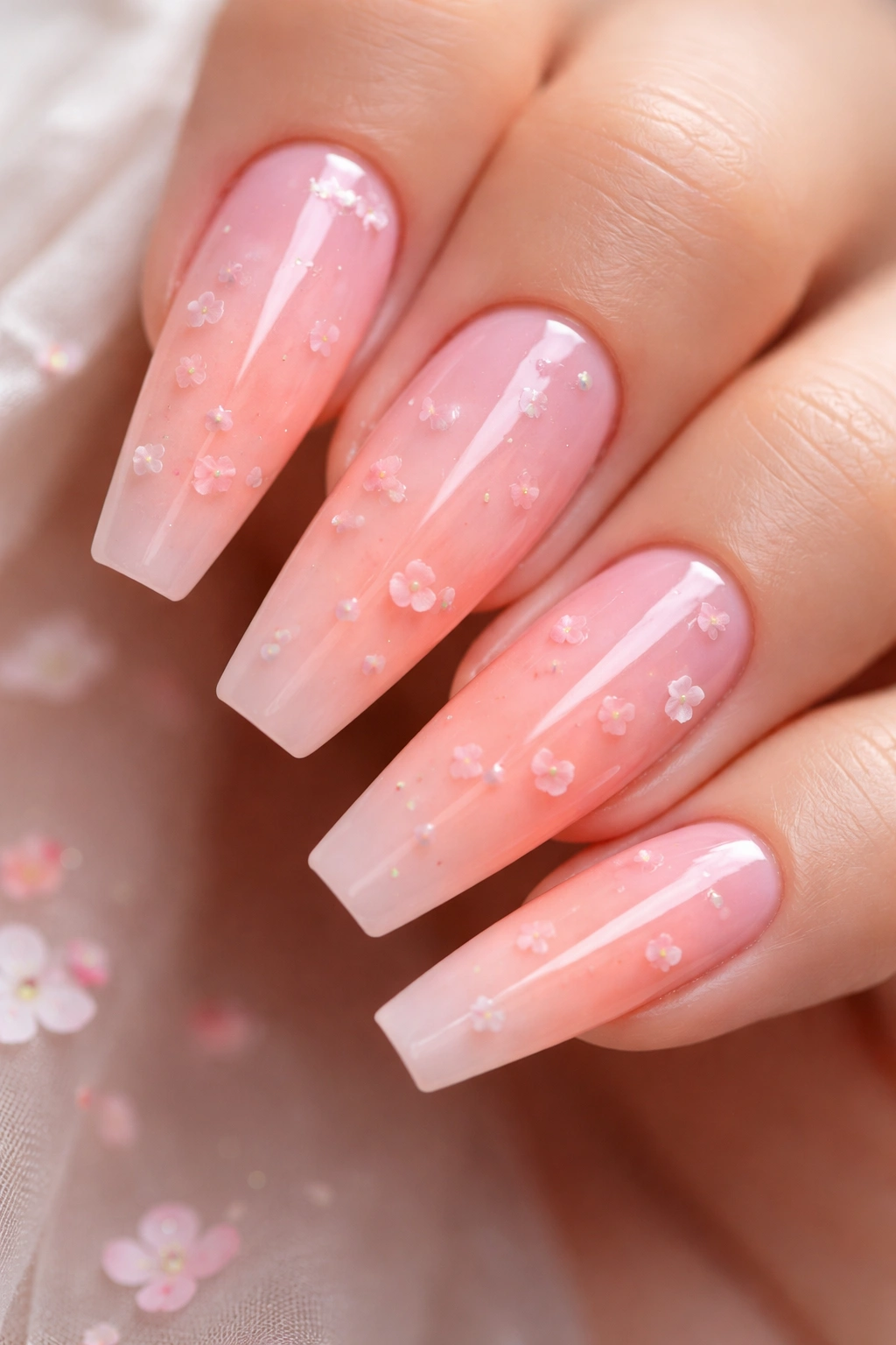 Coffin nails with pink-to-coral ombre and scattered white petals