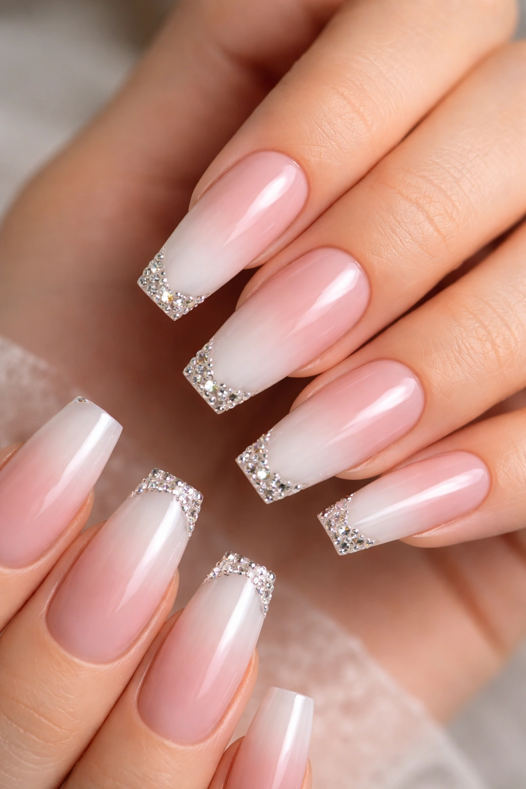 Coffin nails displaying an ombre gradient with a rhinestone tip line