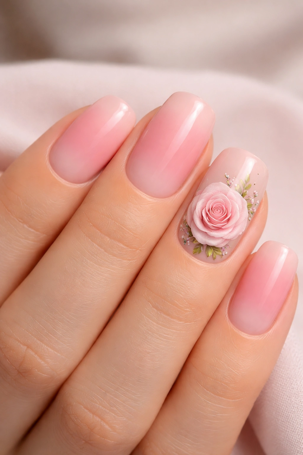 Short squoval nails with pink to rose gradient and a single rose