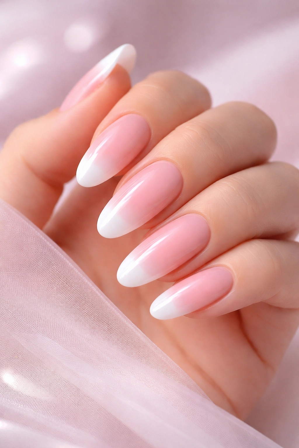 Close-up of long oval nails with pink-to-white gradient tips