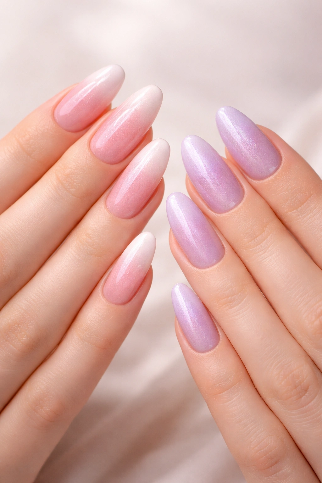 Nails with complementary ombre gradients in white-to-pink and white-to-purple