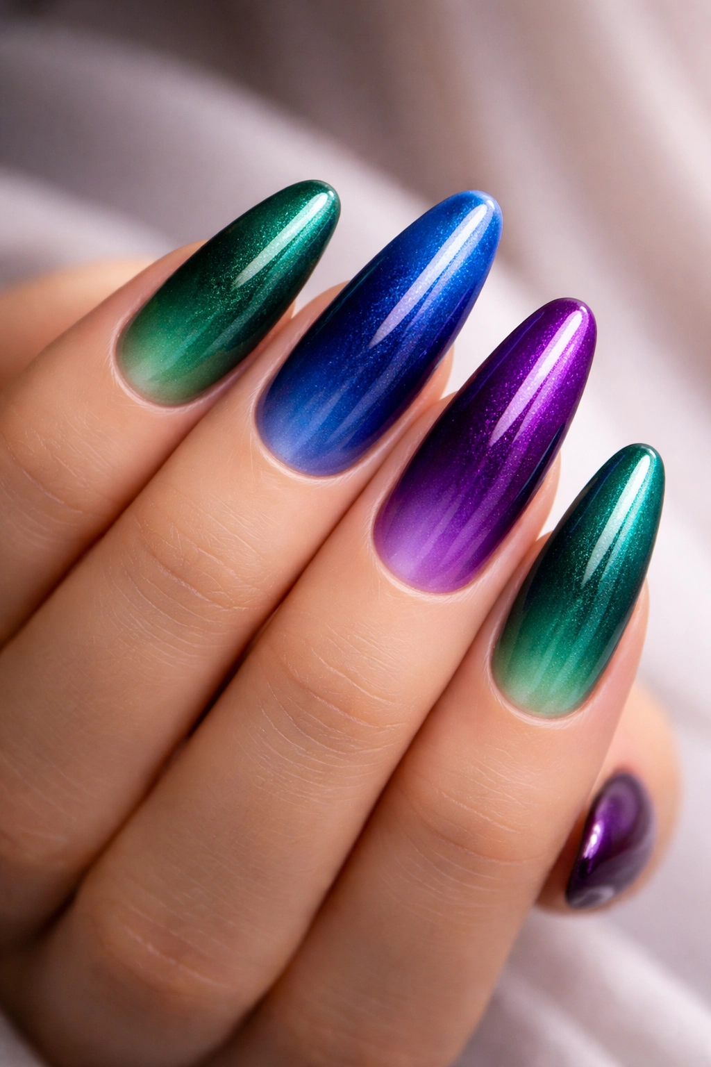 Long oval nails in emerald to lighter jade ombré gradient