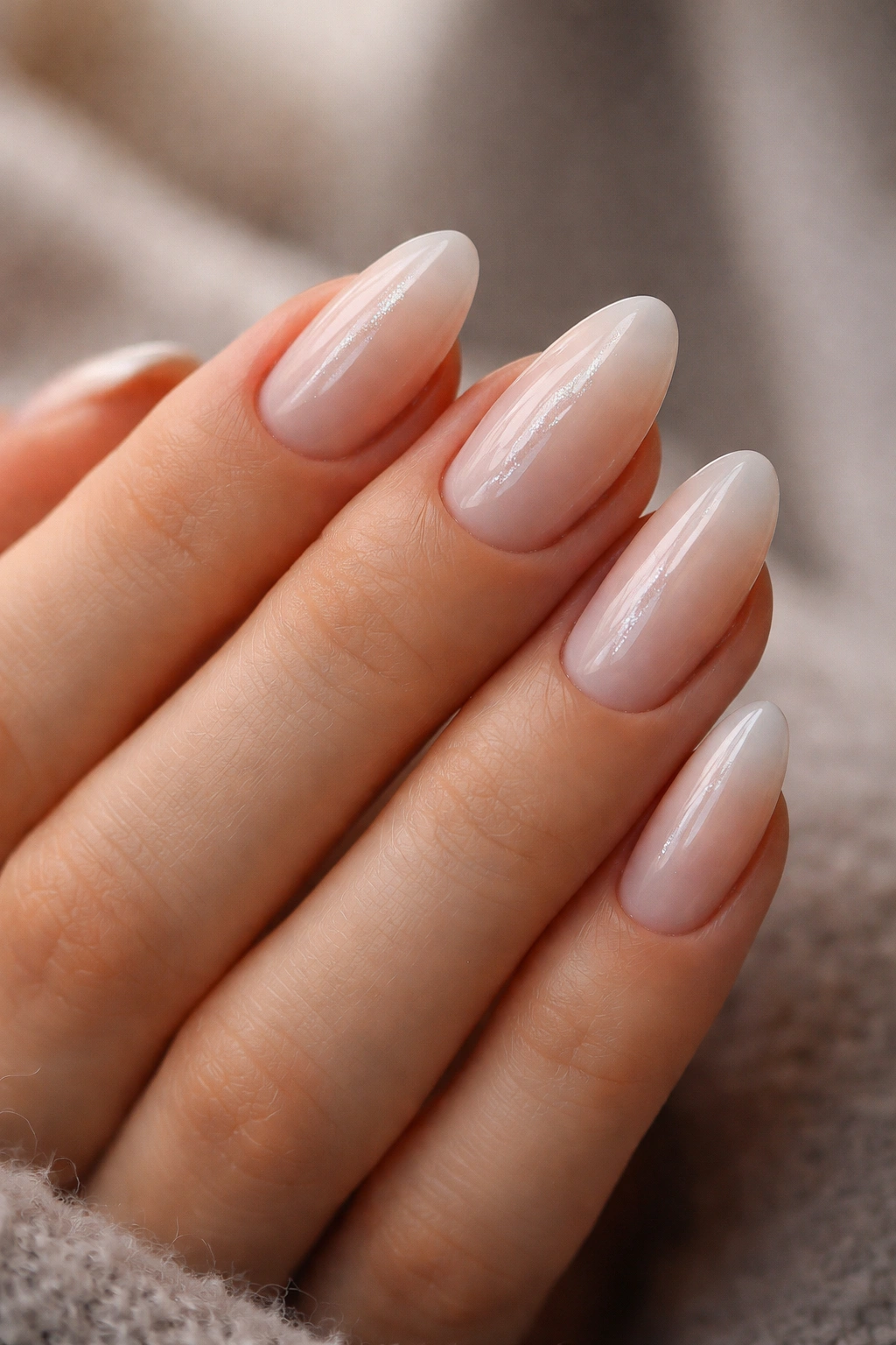 Close-up of short almond nails with tapered sides and soft ombre to create the illusion of length.