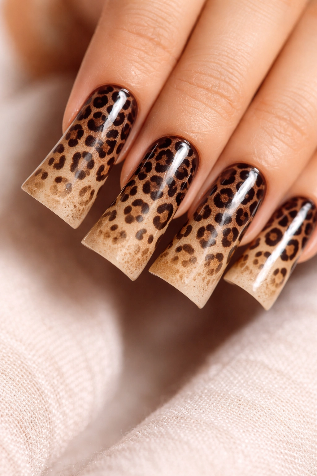 Duck nail showing an ombre leopard fade from dark to light tones