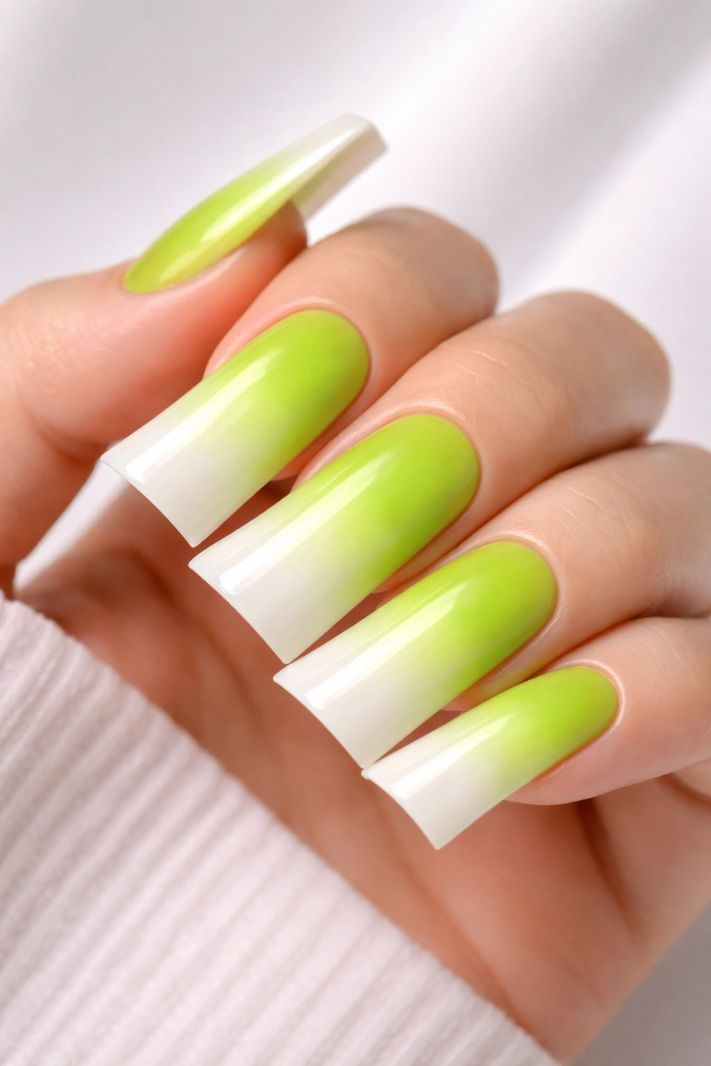 Ombre lime green to white duck nails with smooth gradient