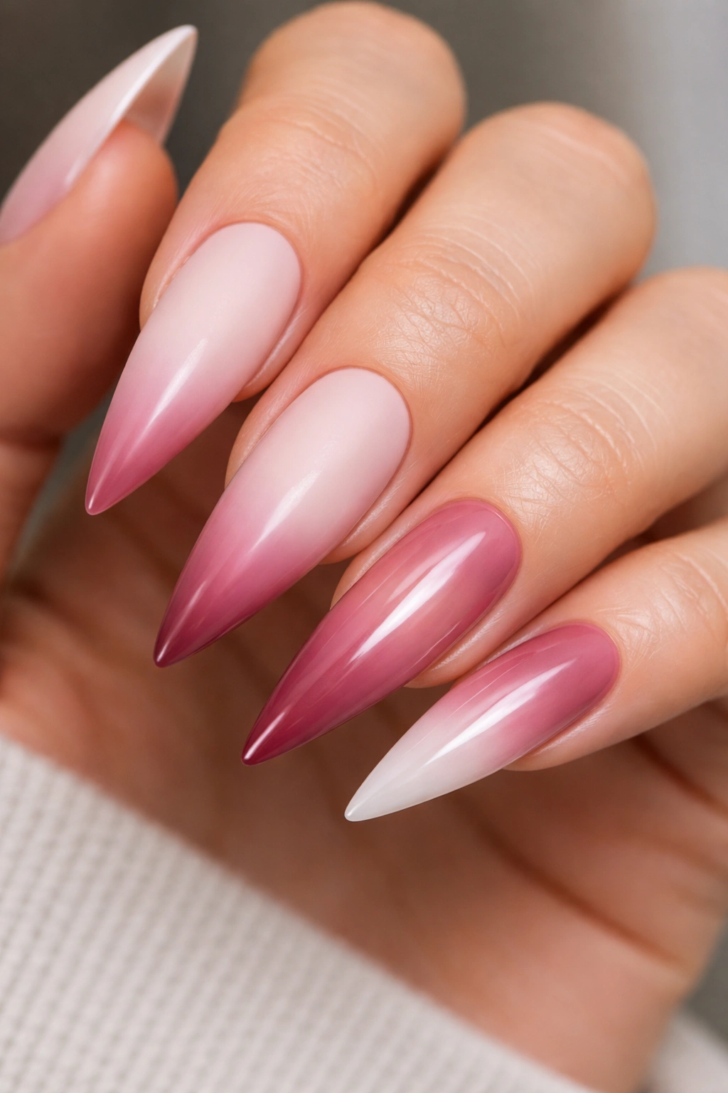 Ombre stiletto nails with matte base and glossy tip in pink tones