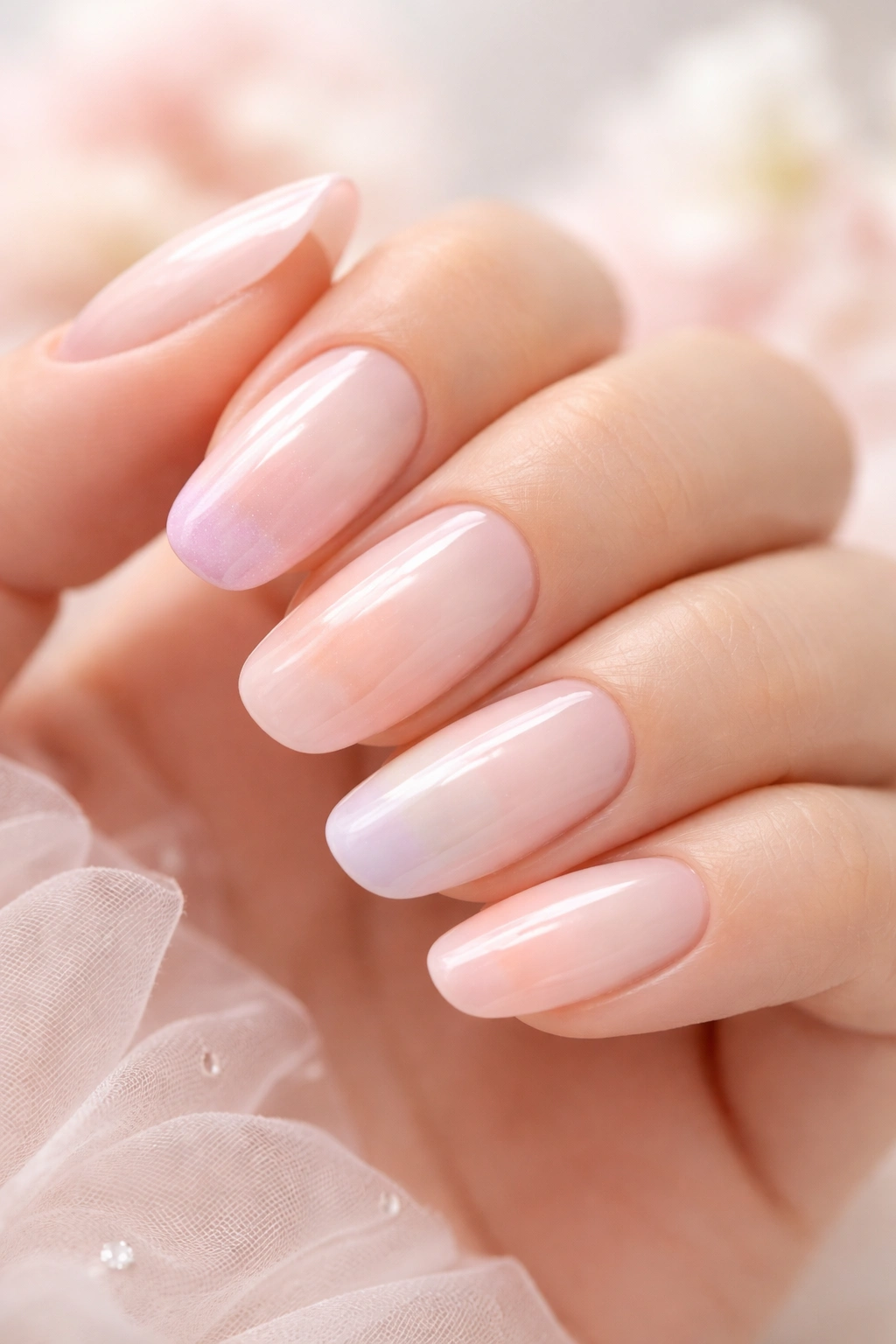 Close-up of ombré milk bath nails gradient from white to pastel