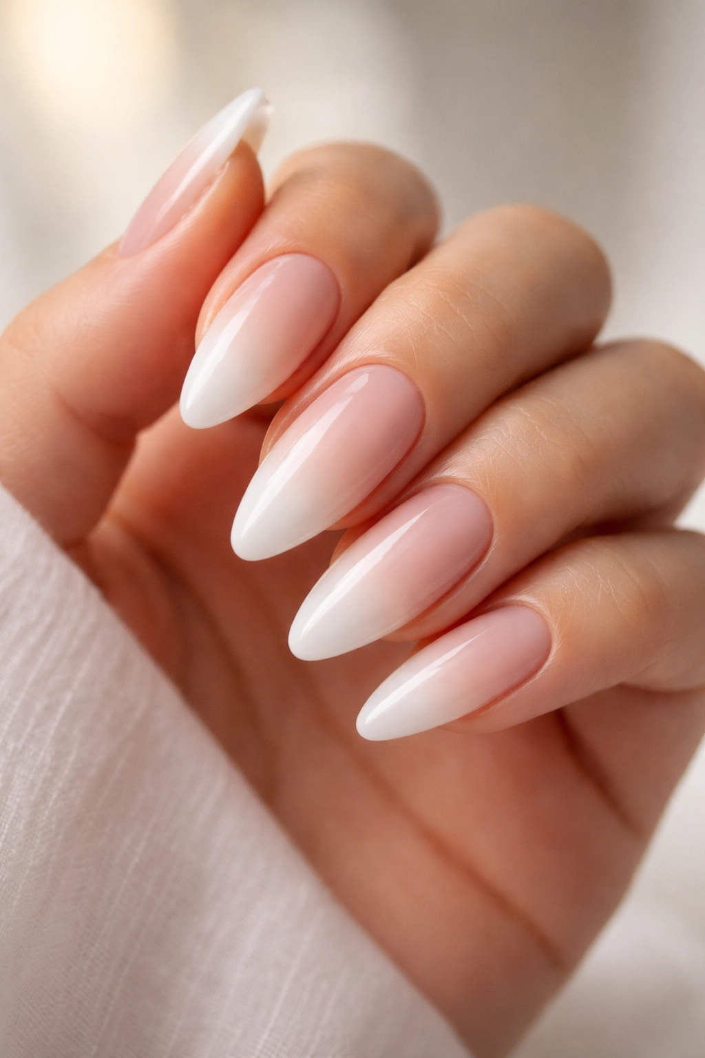Ombré milky white almond nails with smooth gradient