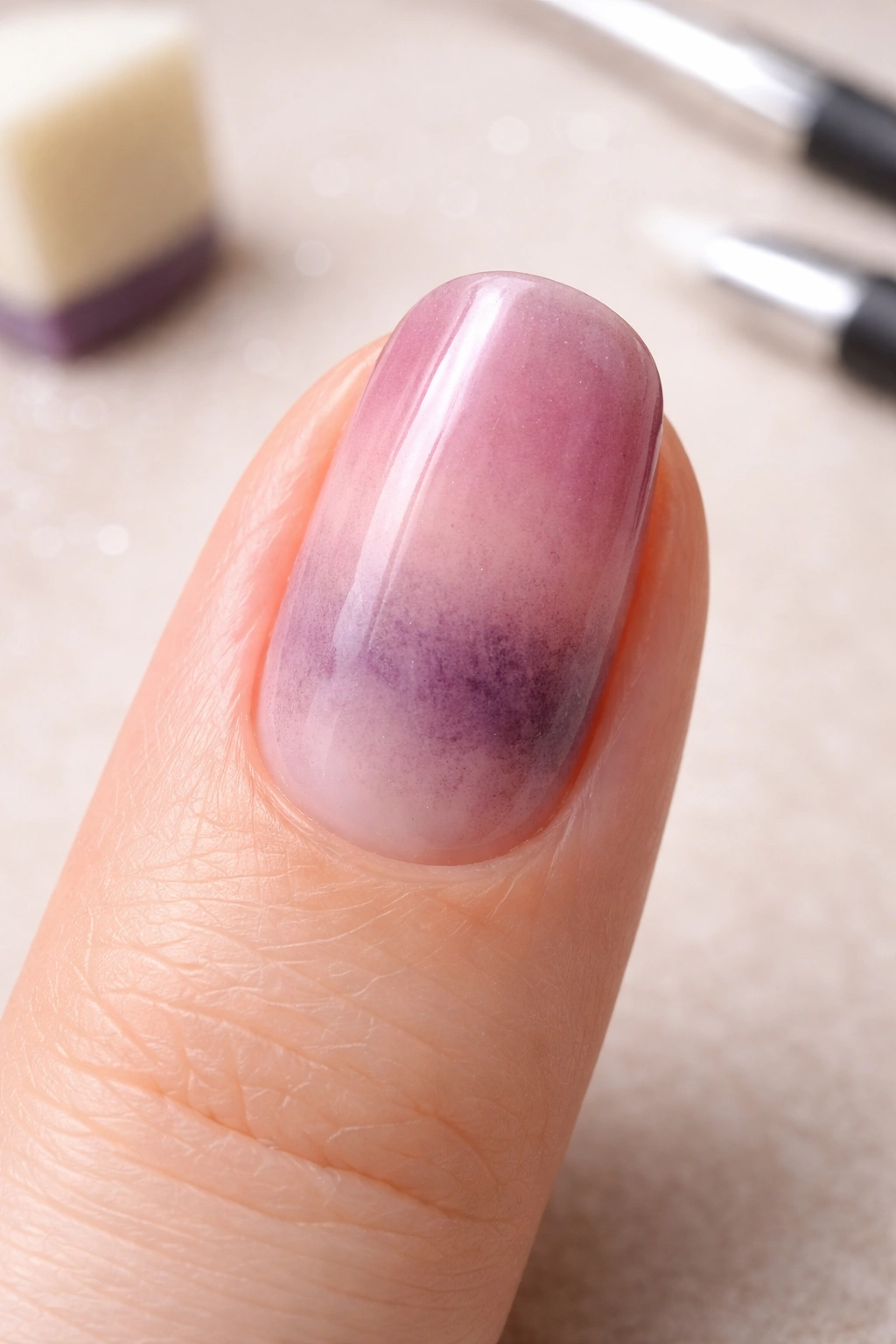 Close-up of a fingernail with an uneven muddy ombré gradient