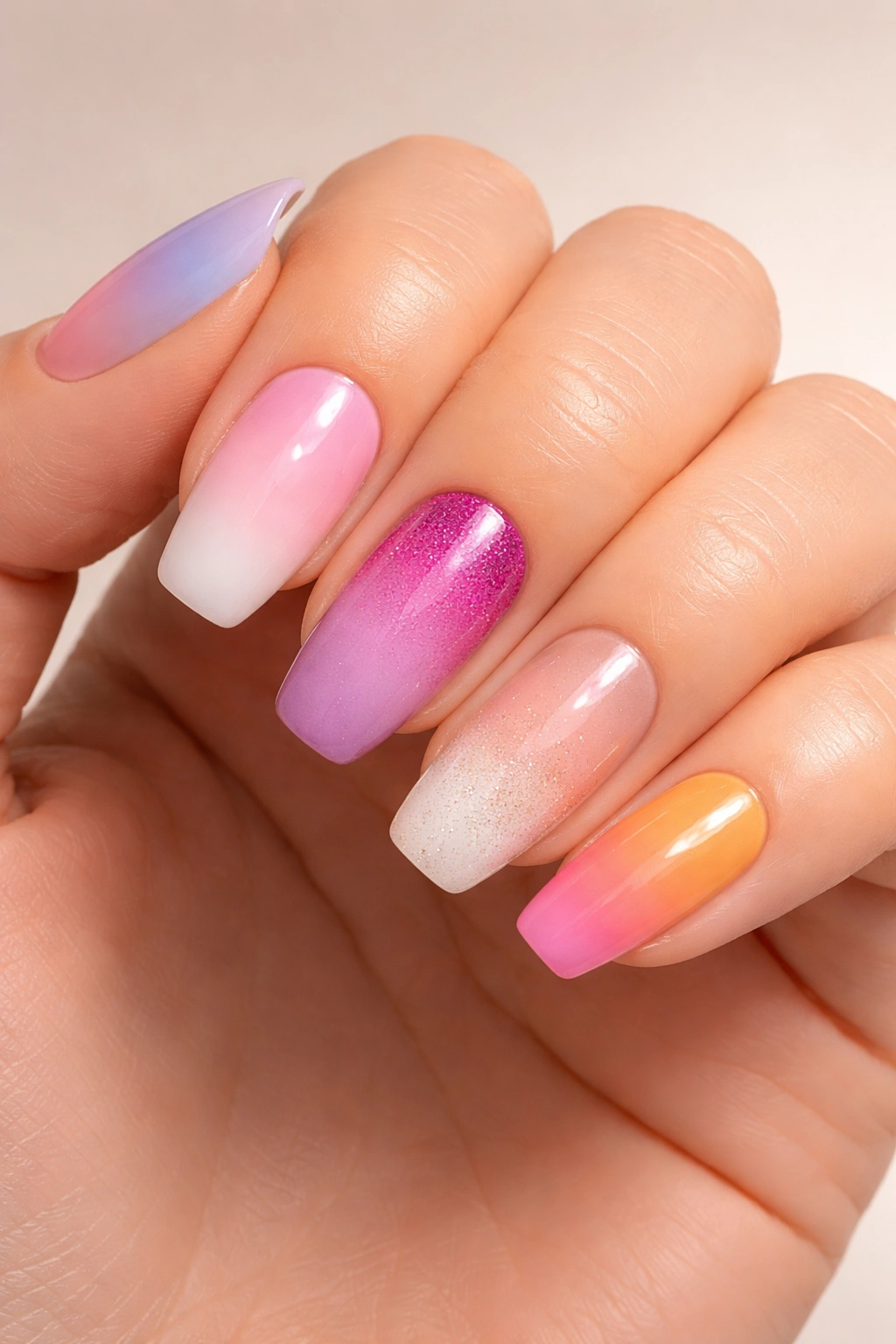 Hand with multiple ombré nail designs showing soft pastel, bold gradient, and French ombré