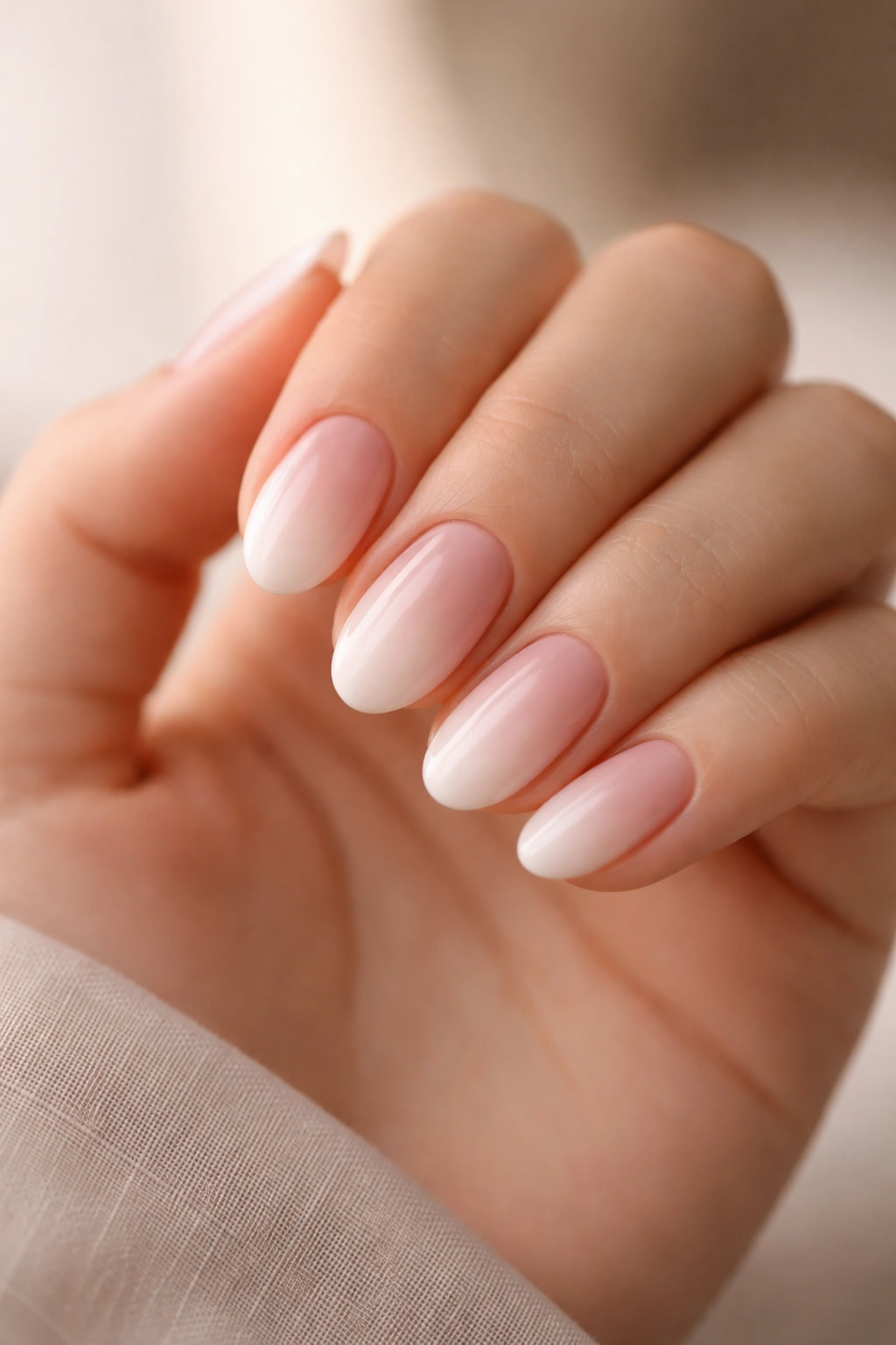 Close-up of soft ombré almond nails on a hand