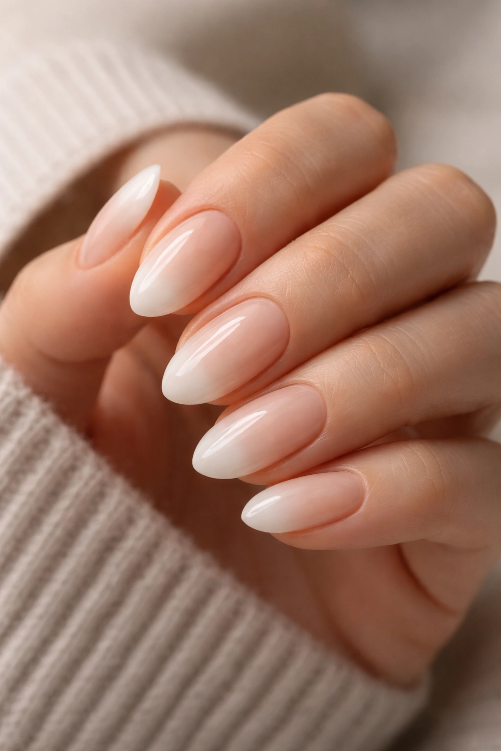 Close-up of soft ombré gradient on short almond nails.