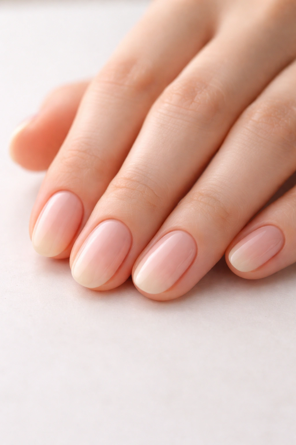 Close-up of short oval nails with a subtle beige-pink ombré gradient.