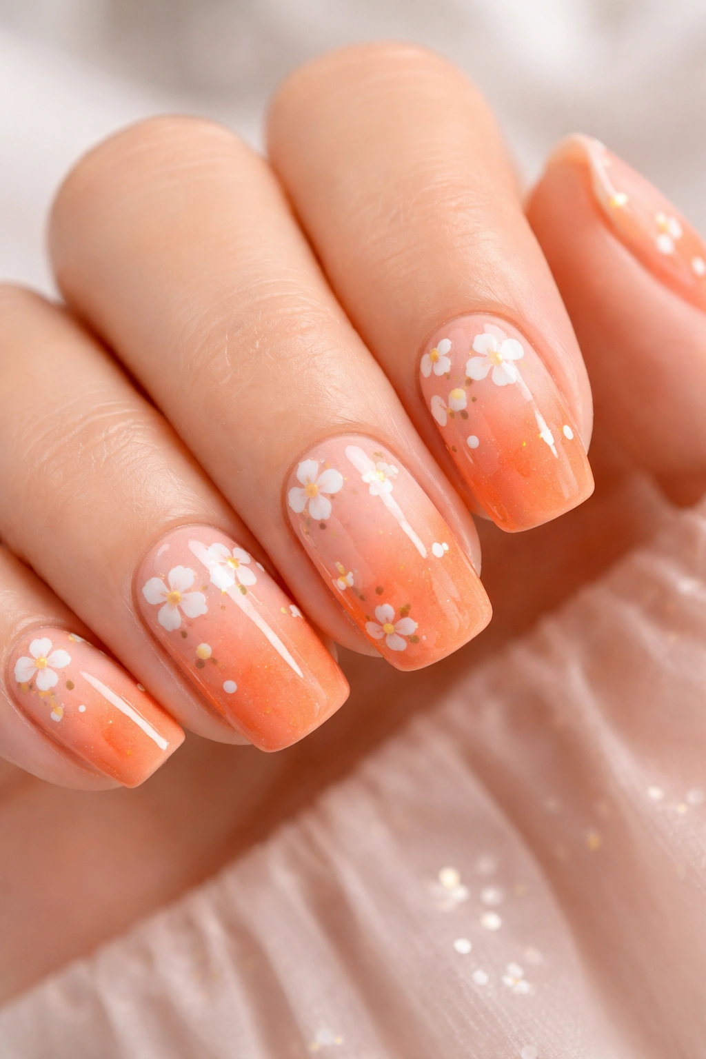 Nails featuring peach to orange ombre with small white flowers.
