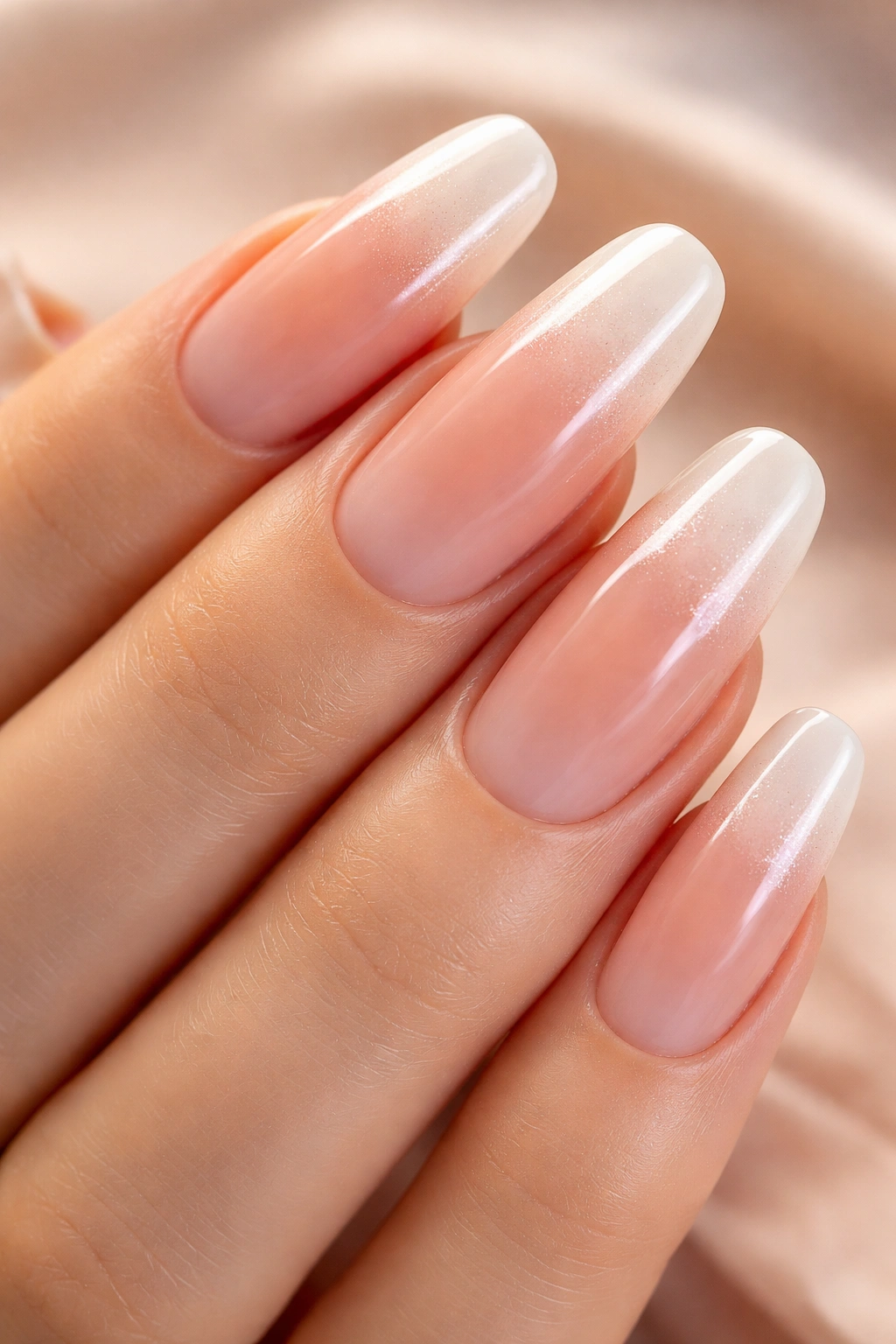 Close-up of nails with blush to champagne ombre and white tips