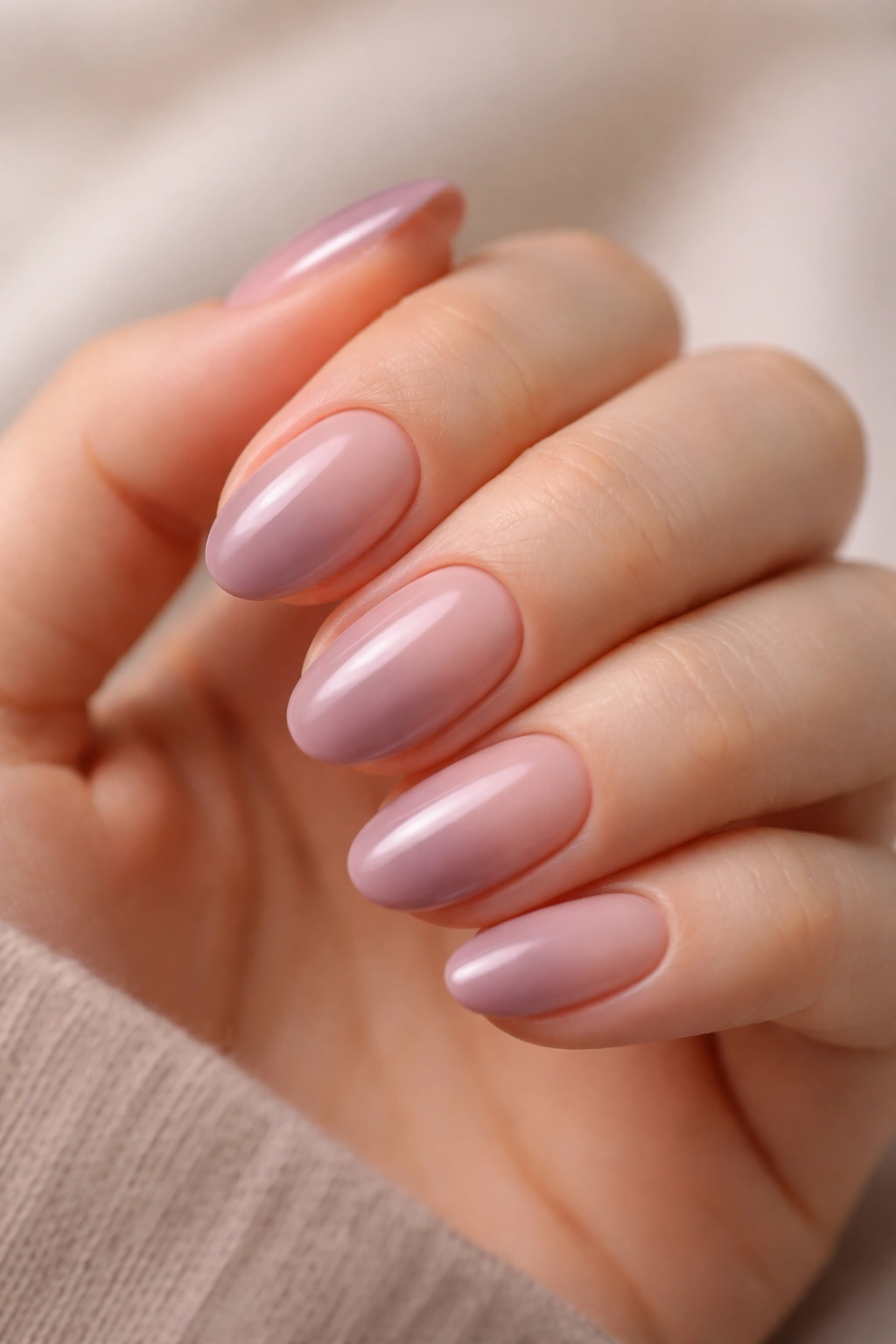 Close-up of short oval nails in blush nude to dusty mauve ombre