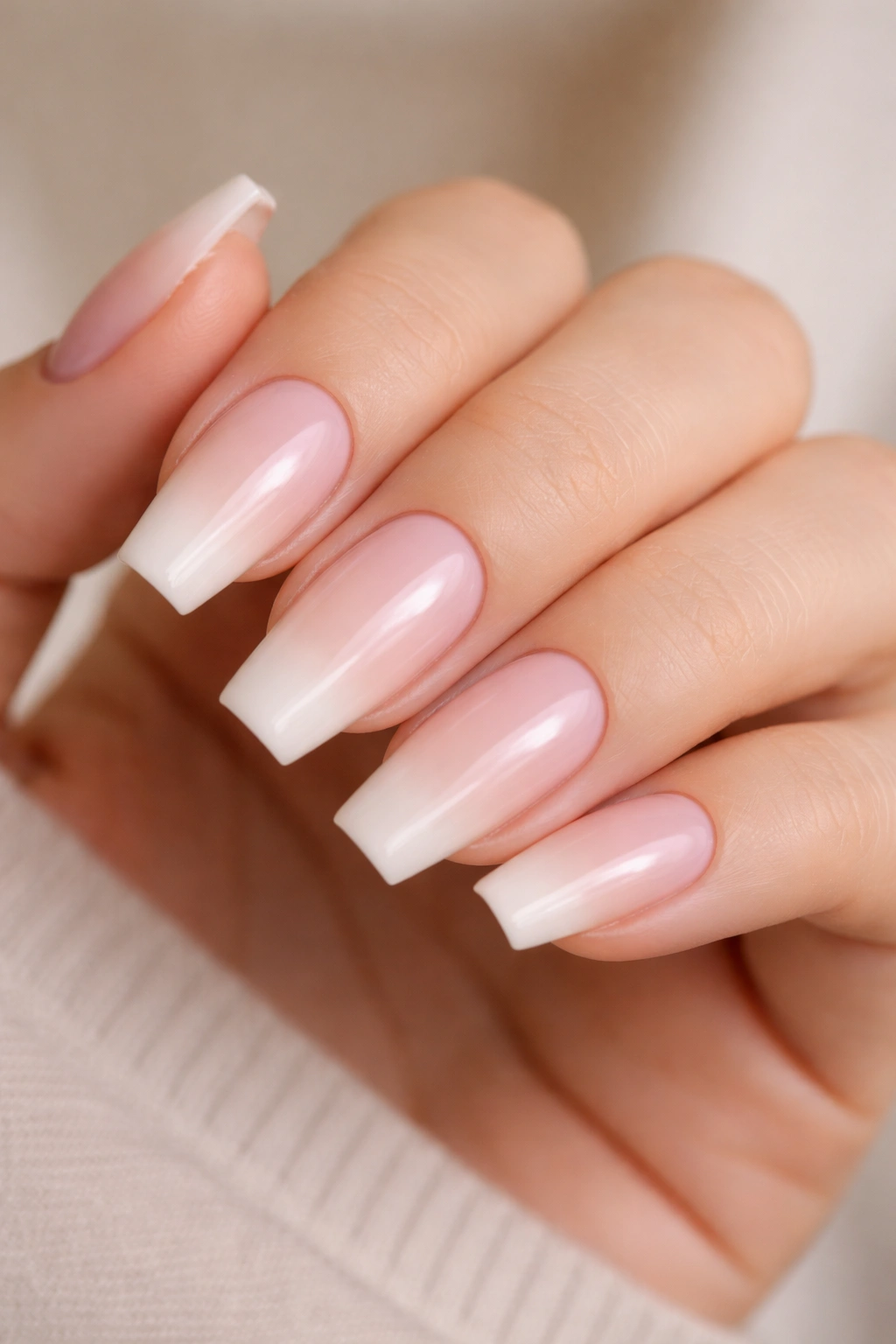 Close-up of medium coffin nails with soft blush to nude ombre gradient on a natural hand