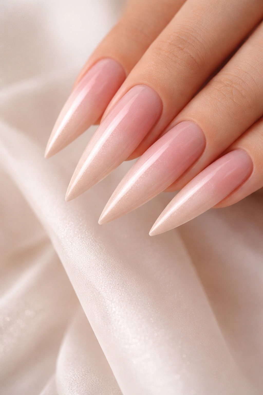 Close-up of ombre blush to nude stiletto nails with seamless gradient