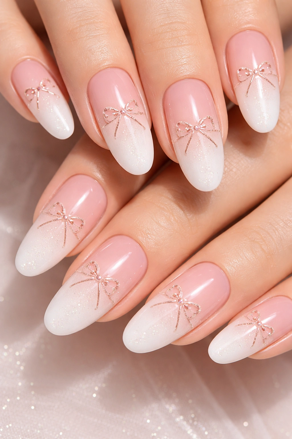 Close-up of ombre nails from blush to white with delicate bows.