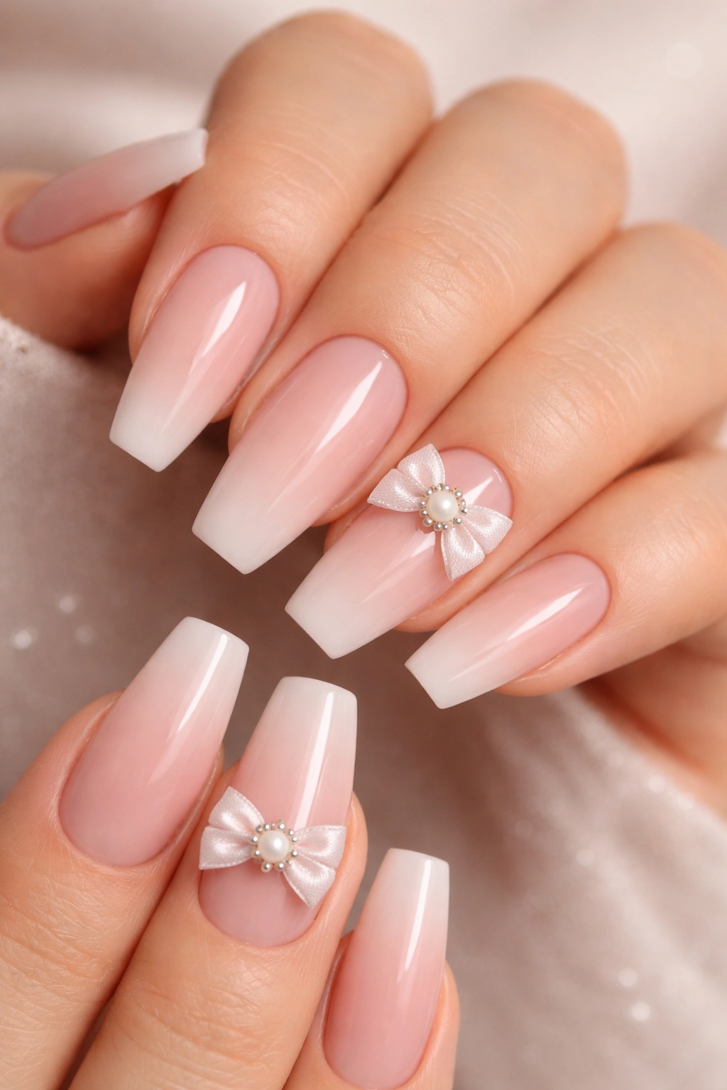Blush ombré ballerina nails with pearl-centered bows