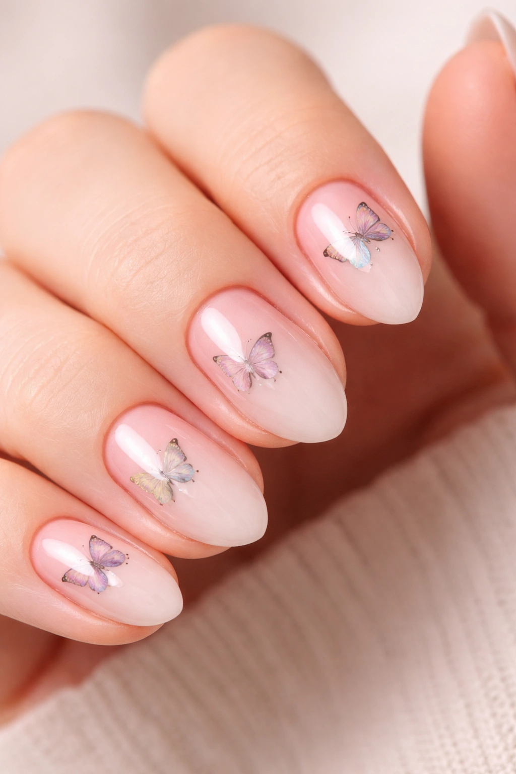 Short almond ombré nails with delicate butterfly stickers
