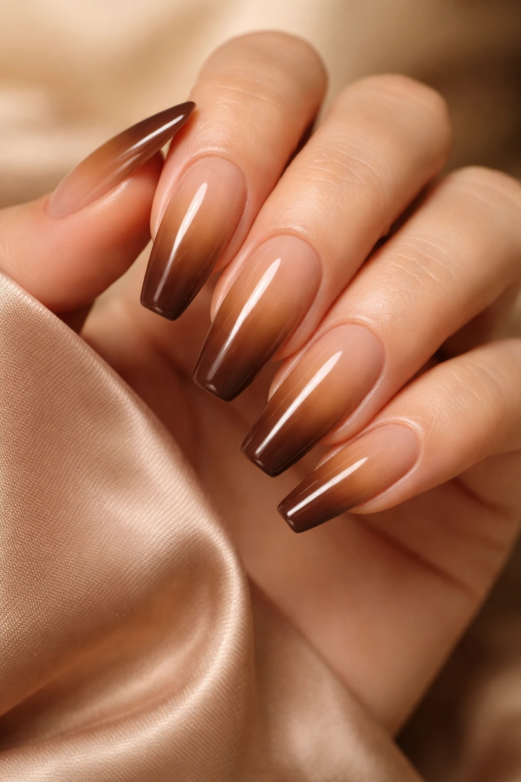 Close-up of caramel mocha ombre nails on ballerina shape with glossy finish