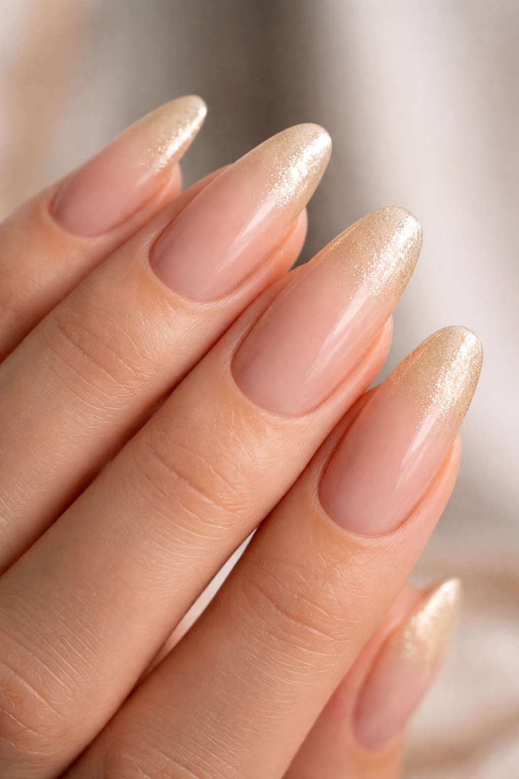 Long oval nails with champagne nude to gold glow ombre and subtle shimmer