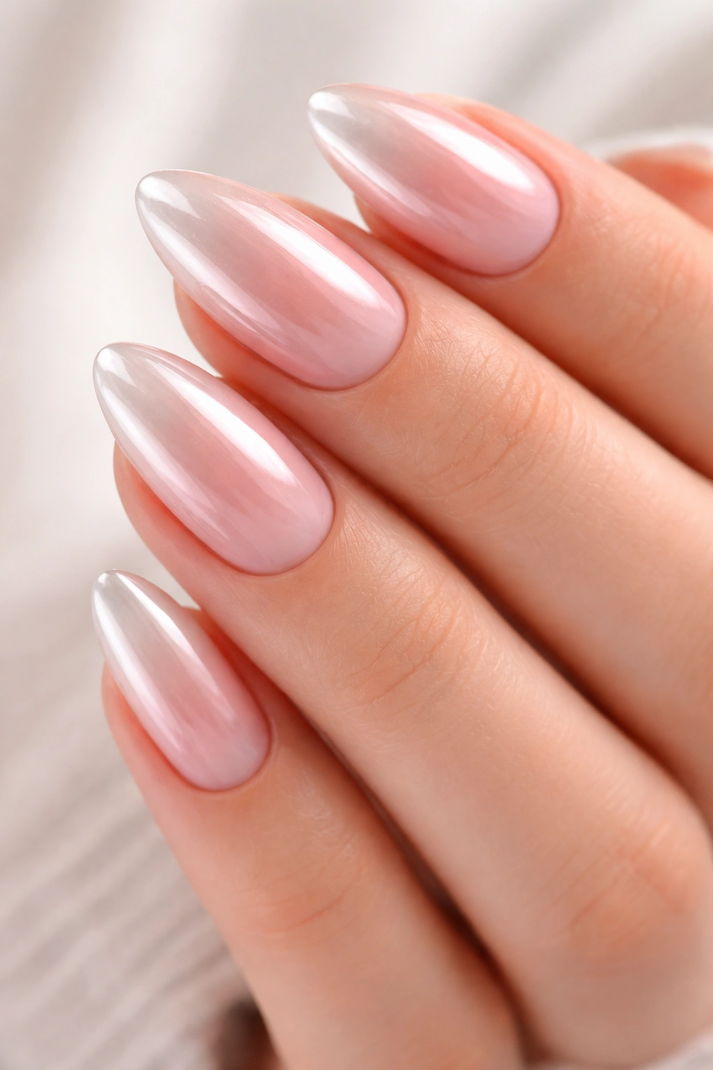 Close-up of ombre pink-to-white chrome almond nails with soft gradient