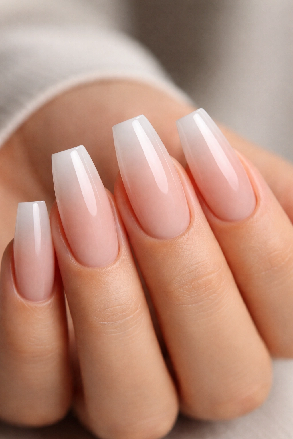 Close-up of medium coffin nails with a nude-to-white ombre gradient on tips