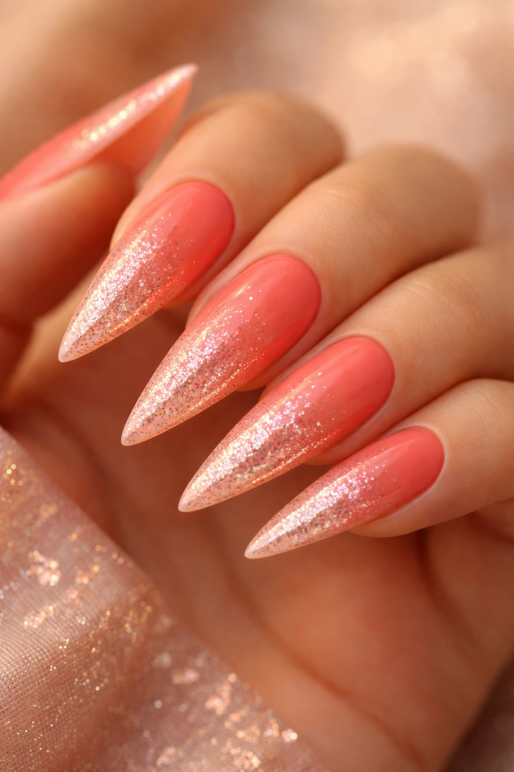 Stiletto nails coral to peach ombré with reverse fade glitter at tip